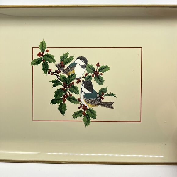 Vintage Otagiri Japan Lacquerware Tray Chickadees on Holly Christmas Bird 8.5x6” - Picture 8 of 12